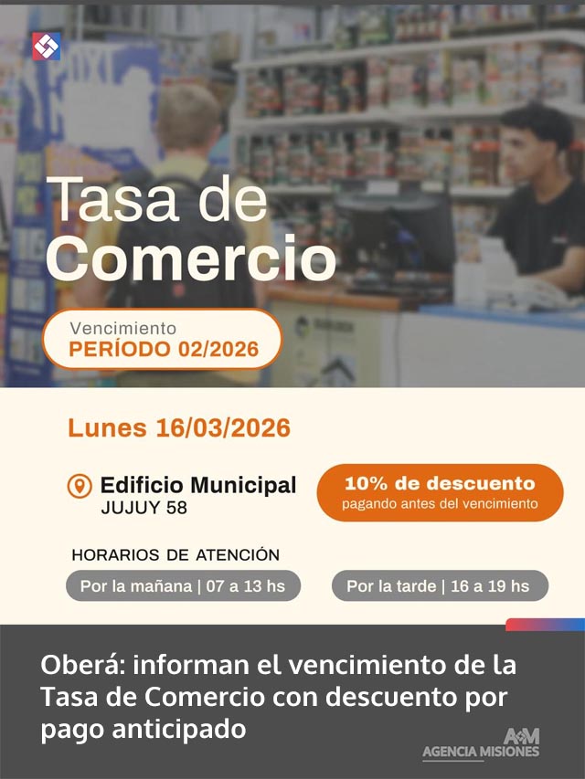 Oberá: informan el vencimiento de la Tasa de Comercio con descuento por pago anticipado