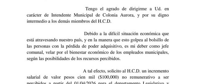 Colonia Aurora: el intendente elevó al Concejo la propuesta de aumento para empleados municipales